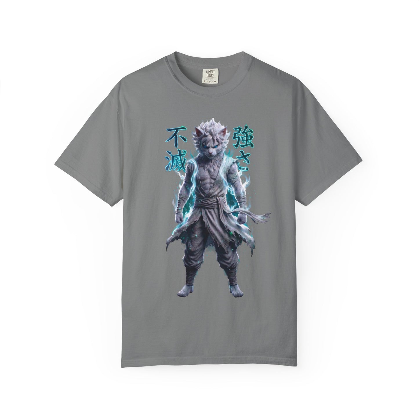 Y2K Cyberpunk Graphic Tee White Silver Cat Warrior Unisex Harajuku Style Streetwear Comfort Colors 1717 T-Shirt