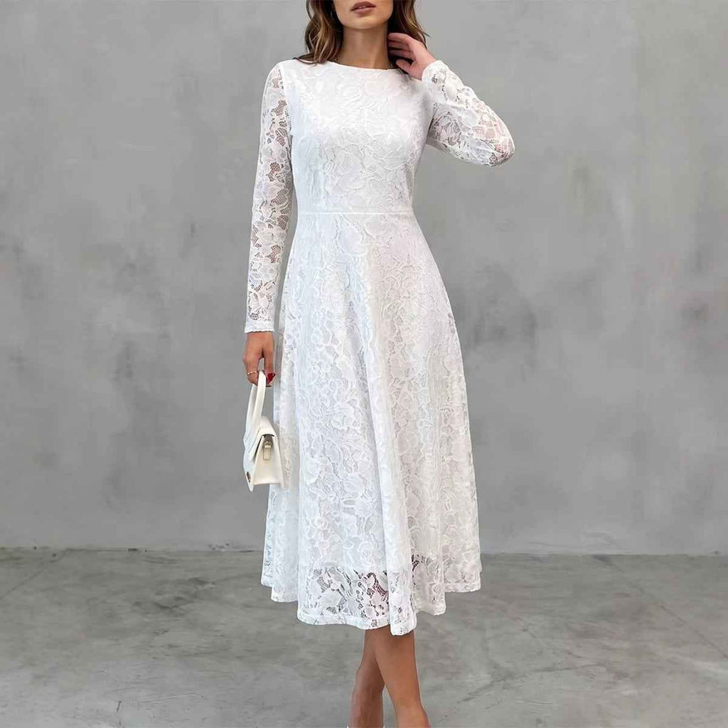 Womens Solid-Color Elegant Long-Sleeve Lace Waist-Cinching Dress