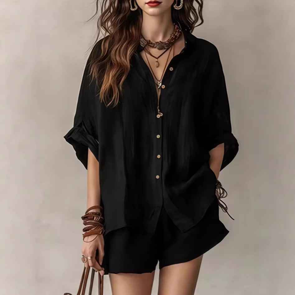 Two-Piece Set Womens Casual Summer Single-Breasted Short-Sleeved Shirt Wide-Leg Shorts For Daily Wear Work Holiday Outfits