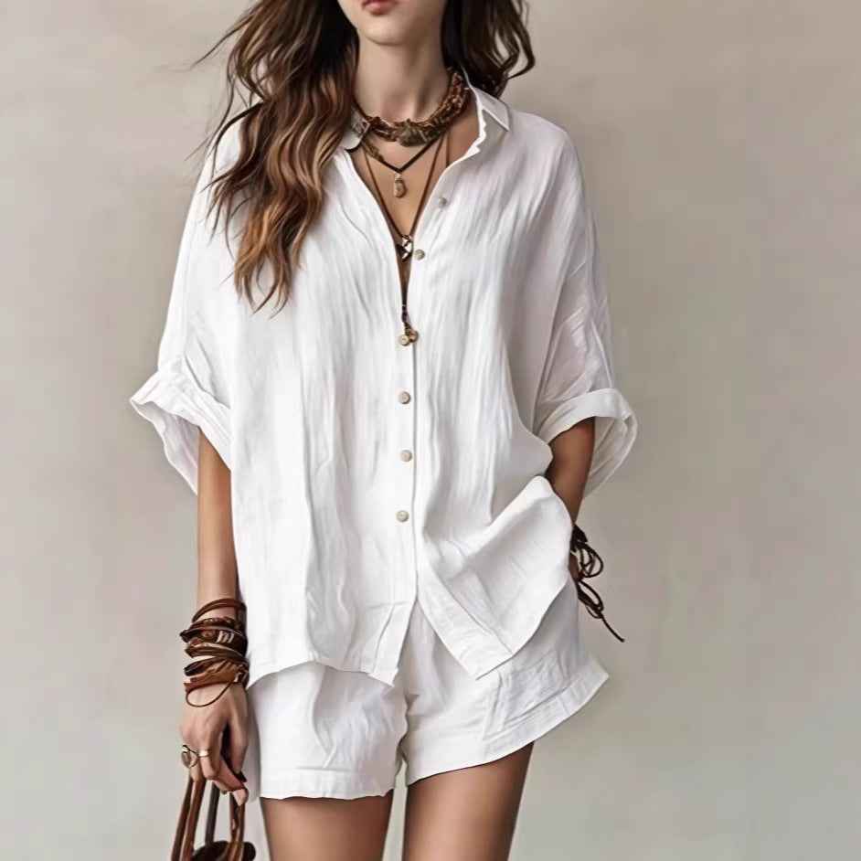 Two-Piece Set Womens Casual Summer Single-Breasted Short-Sleeved Shirt Wide-Leg Shorts For Daily Wear Work Holiday Outfits