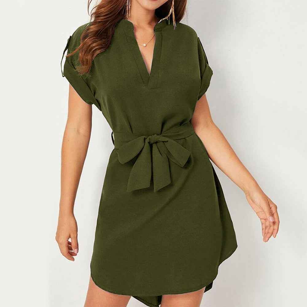V-Neck Summer Dress With Belt & Bowknot for Women - Fashion Casual