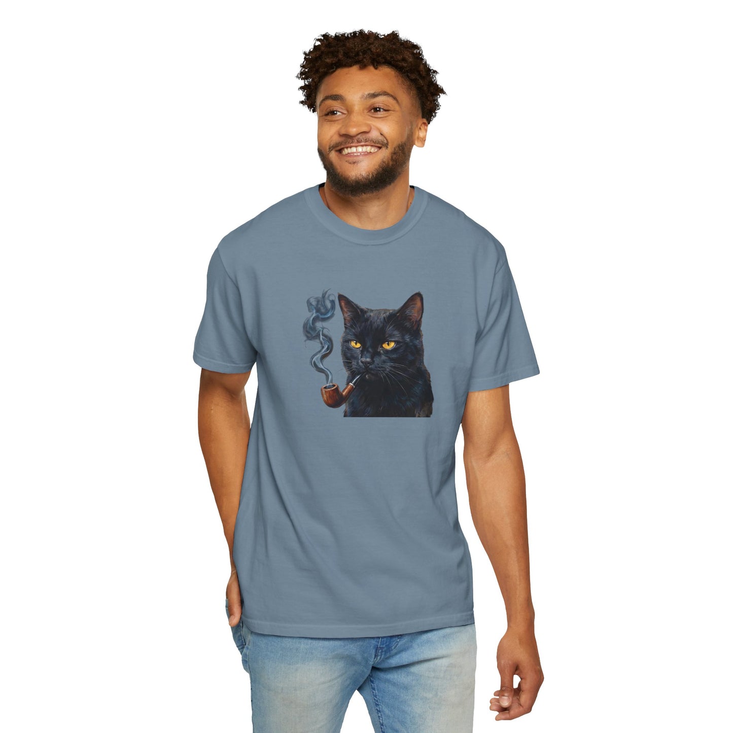 Smoking Cat Graphic T-Shirt — Retro Black Cat with Pipe Tee