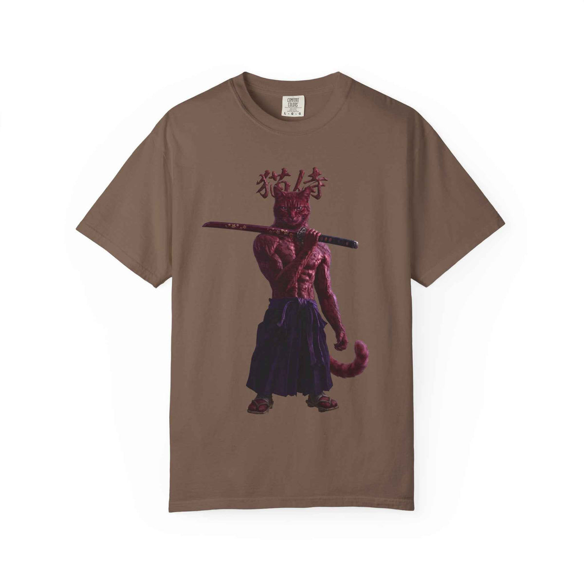 Heavyweight Vintage Red Samurai Cat Tee - Boxy Graphic Tee for Dark Aesthetic Fans