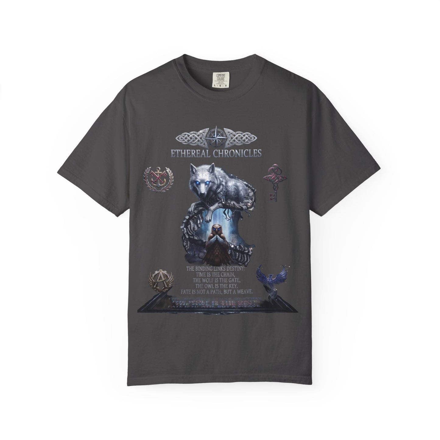 Ethereal Chronicles Graphic Tee | Mythical Wolf & Celestial Owl Shirts for Men & Women | Dark Fantasy Gothic Aesthetics Heavyweight Comfort Colors 1717 T-Shirt