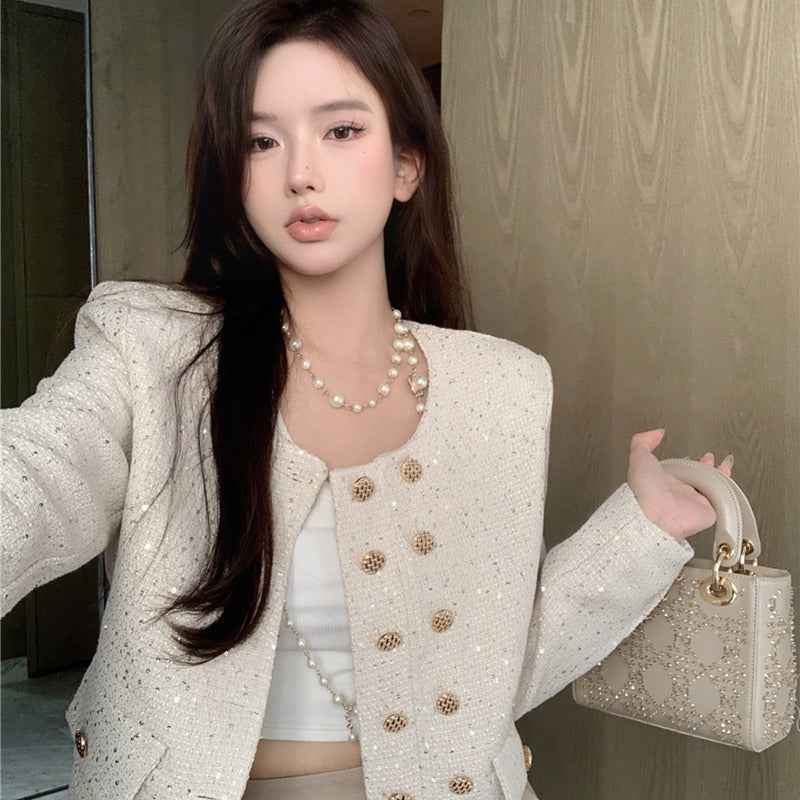 Sequin Crew Neck Wool Cropped Jacket