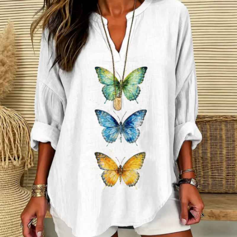 Elegant Butterfly Print Loose Tunic Shirt