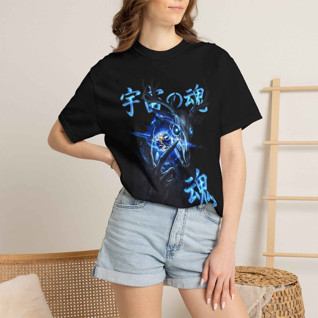 Neon Blue Cosmic Skull Graphic Tee - Unisex Cyberpunk Harajuku Streetwear