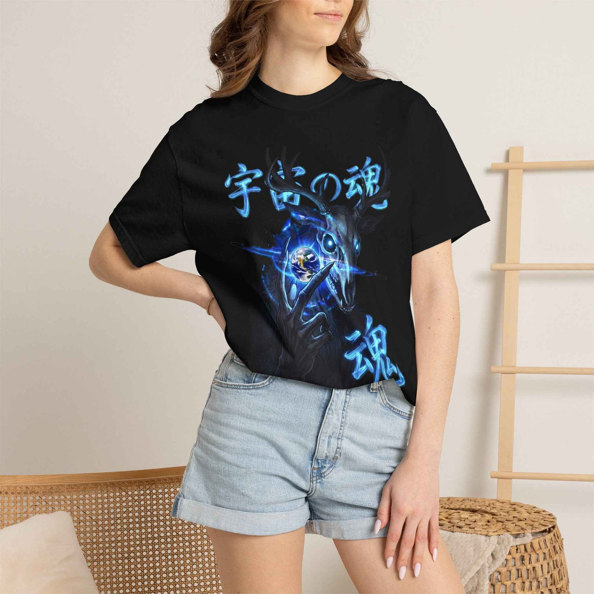 Neon Blue Cosmic Skull Graphic Tee - Unisex Cyberpunk Harajuku Streetwear