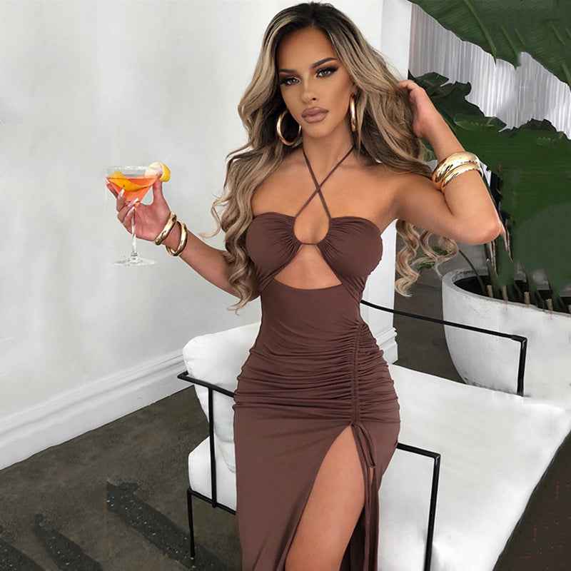 Halterneck Lace-Up Split Dress - Y2K Party Style
