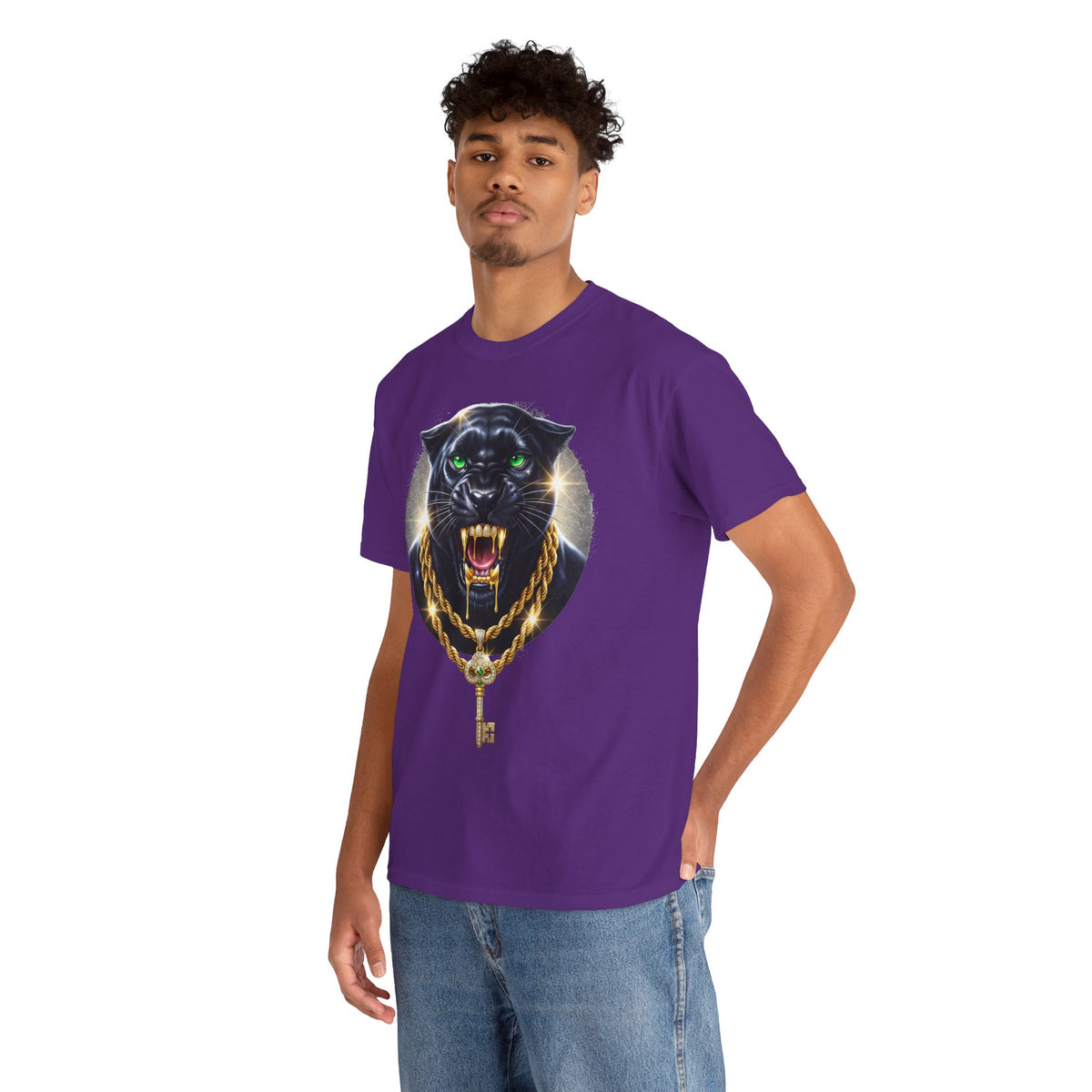 Luxury Black Panther Graphic Tee with Gold Chains & Key