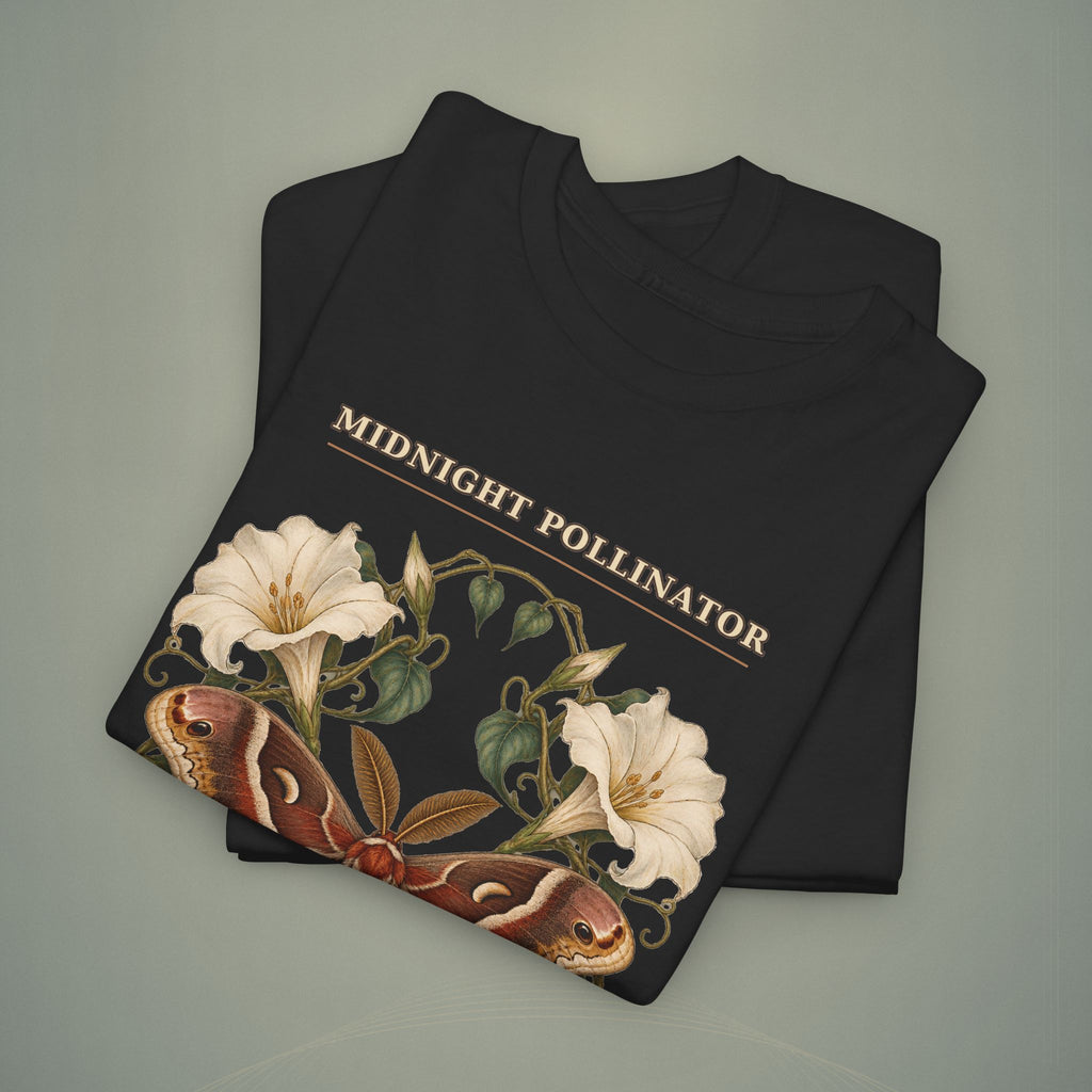 Midnight Pollinator Cecropia Moth & Moonflower Graphic Tee | Vintage Botanical Night Garden Shirt