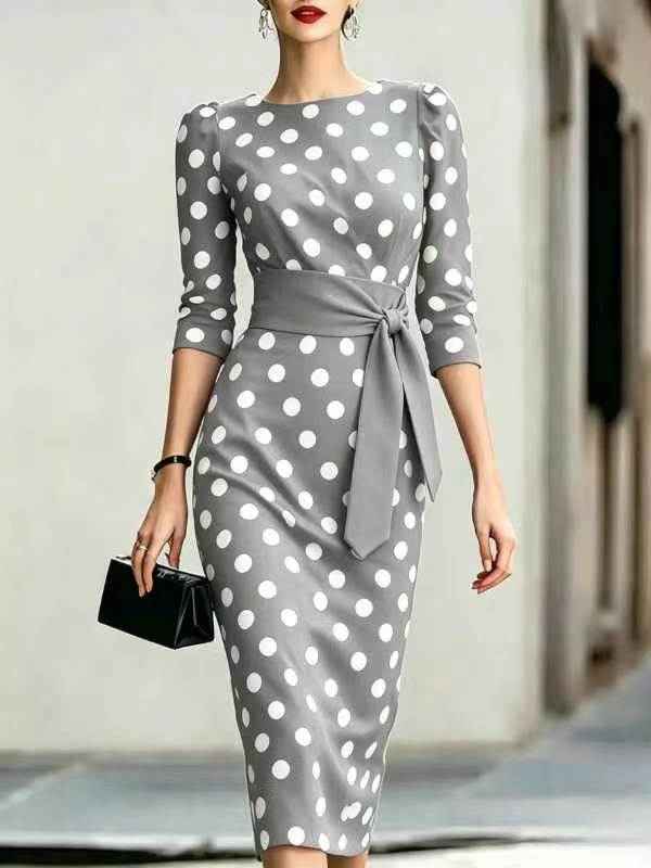 Elegant Polka Dot Midi Dress with Waist Belt - Formal & Office Wear
