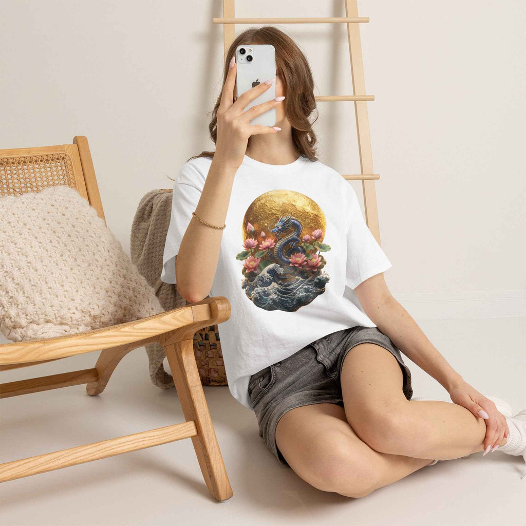 Japanese Dragon & Lotus Moon Graphic Tee - Heavy Cotton Streetwear