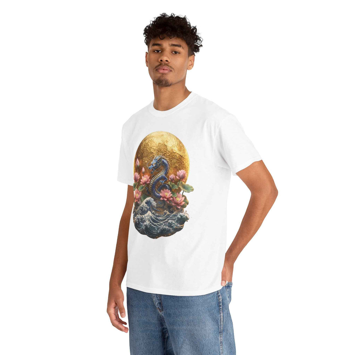 Japanese Dragon & Lotus Moon Graphic Tee - Heavy Cotton Streetwear