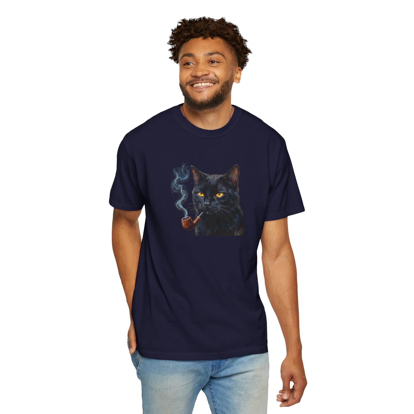 Smoking Cat Graphic T-Shirt — Retro Black Cat with Pipe Tee
