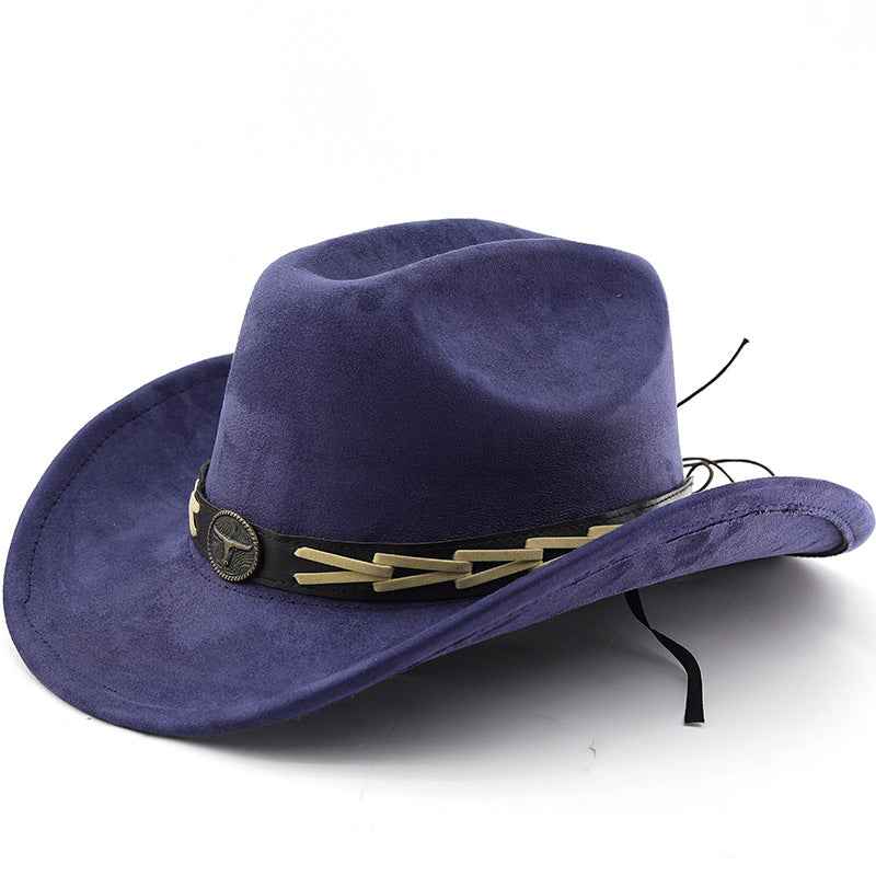 Cowhide Belt Suede Trim Western Cowboy Hat - Polished Style
