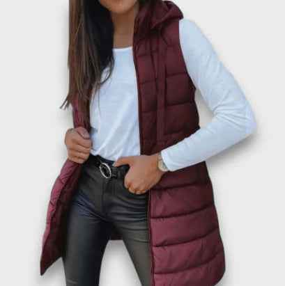 Solid Color Hooded Quilted Cotton Vest Coat with Zipper