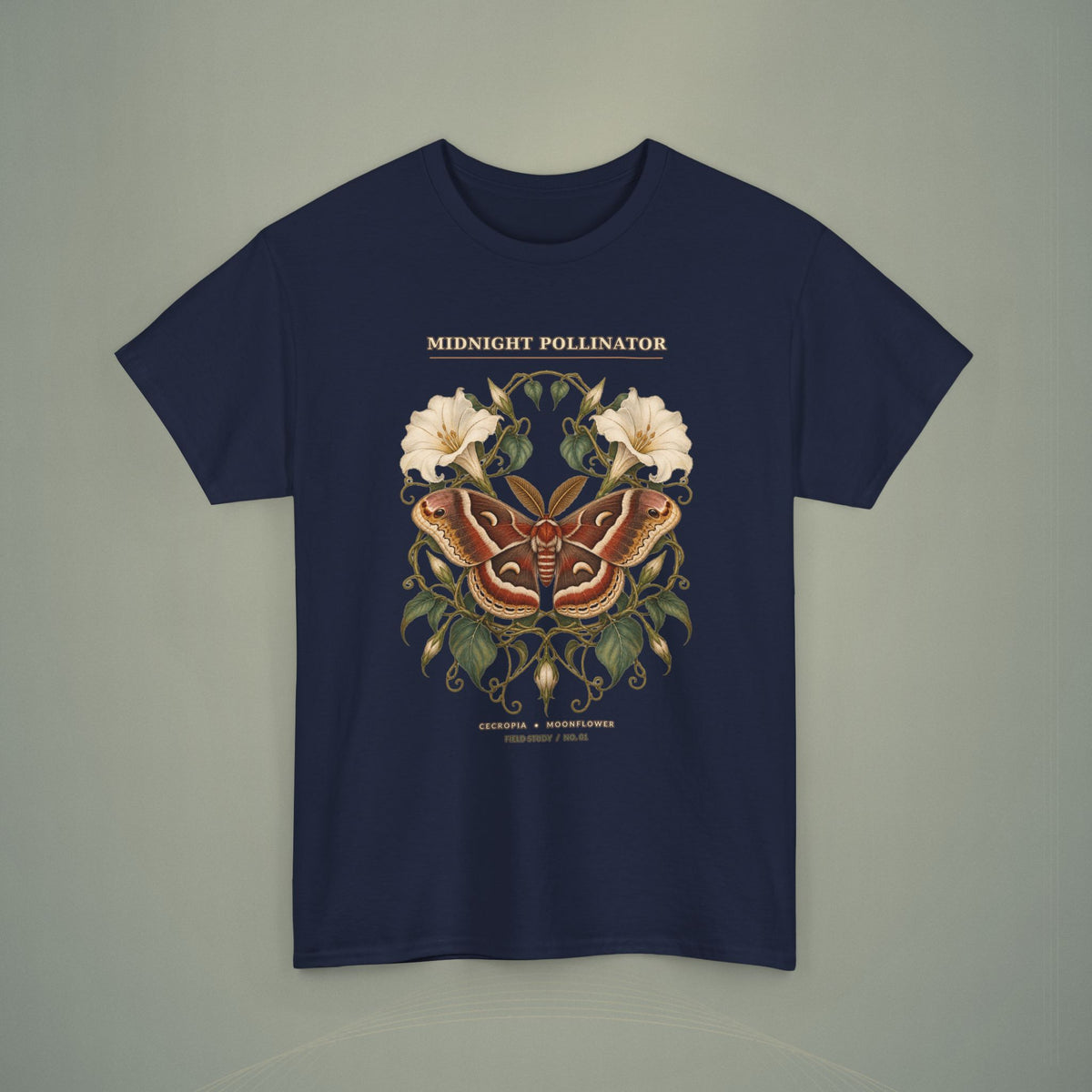 Midnight Pollinator Cecropia Moth & Moonflower Graphic Tee | Vintage Botanical Night Garden Shirt
