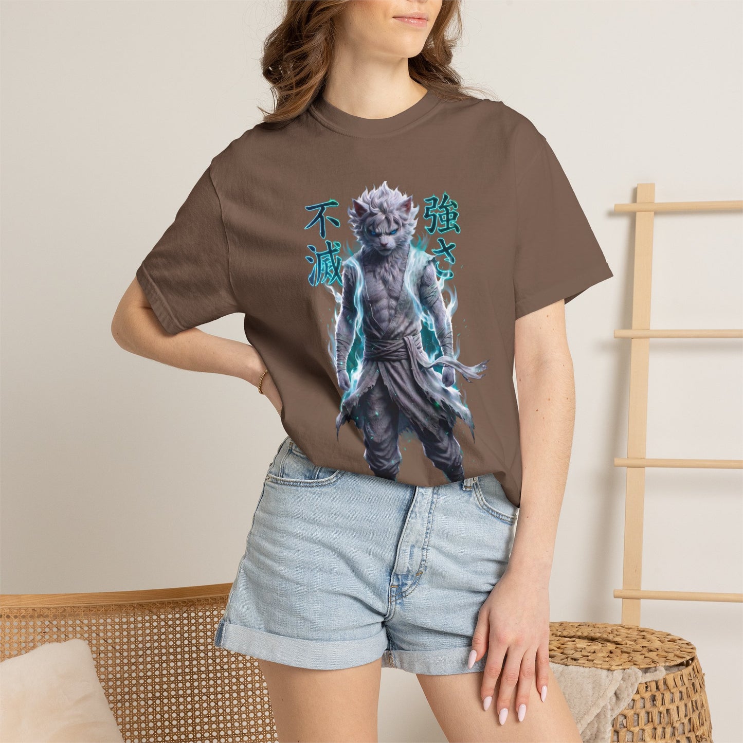 Y2K Cyberpunk Graphic Tee White Silver Cat Warrior Unisex Harajuku Style Streetwear Comfort Colors 1717 T-Shirt