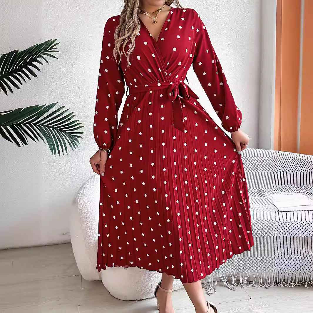 Polka Dot V-Neck Pleated Bridesmaid Dress - Elegant Formal Occasion
