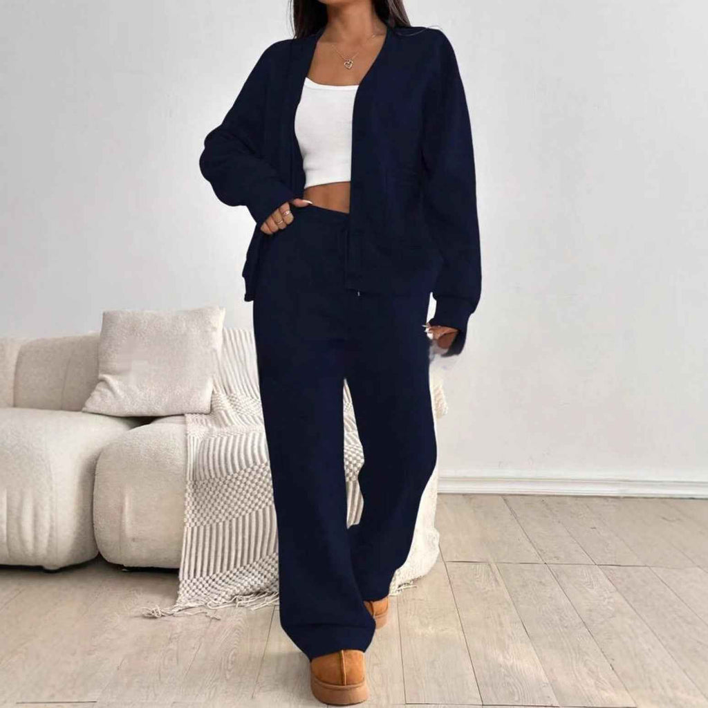 Women's Solid Color Cardigan & Wide Leg Pants Set - Effortless Chic Summer Casual Suit