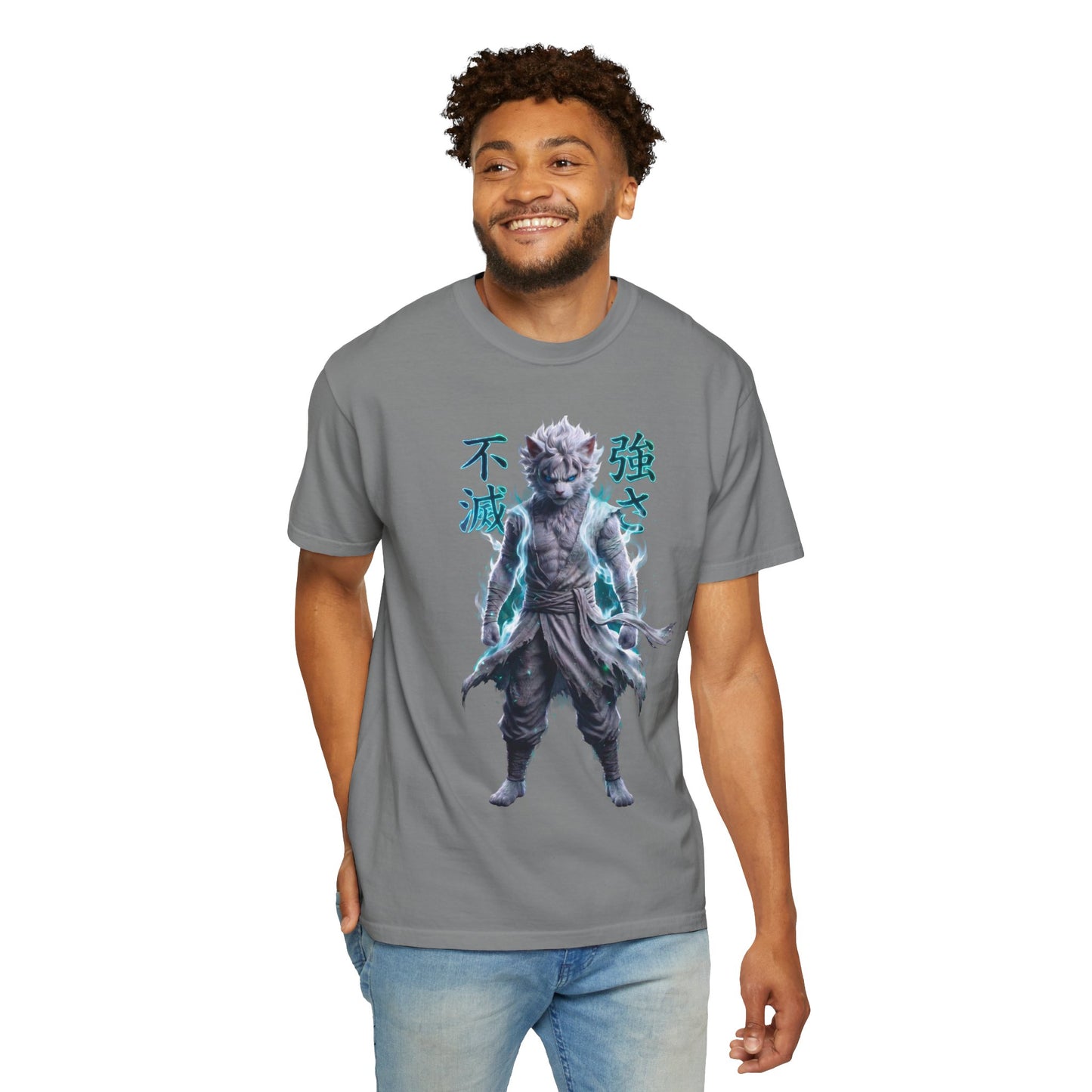 Y2K Cyberpunk Graphic Tee White Silver Cat Warrior Unisex Harajuku Style Streetwear Comfort Colors 1717 T-Shirt