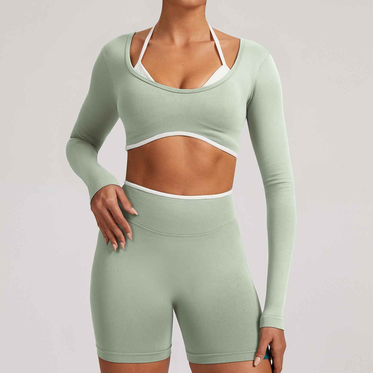 Cross-border Tight-fitting Seamless Faux Two-piece Long-sleeve Sports Top