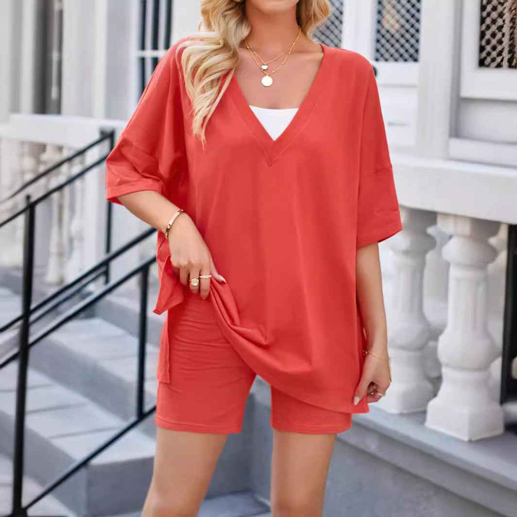 Women's Fashion Two-Piece Suit, Casual Short-Sleeved Shorts Set, Cotton Comfortable & Trendy