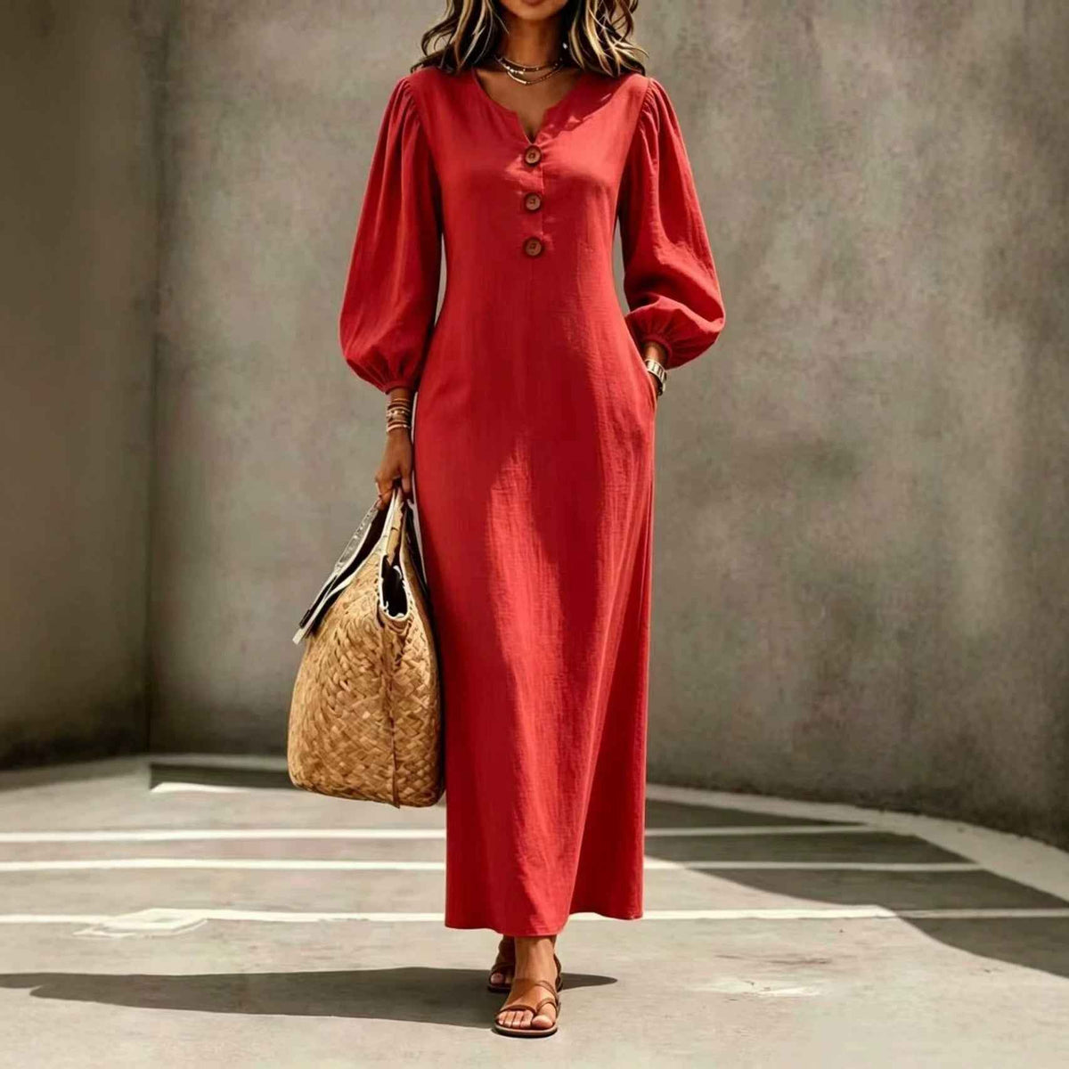 V-Neck Puff Sleeve A-Line Dress Women Long Casual Summer Autumn