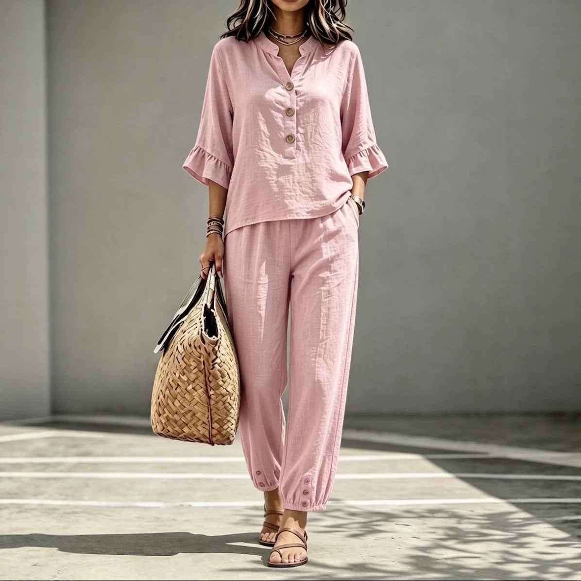 Women's Retro V-Neck Top & Cropped Wide Leg Trousers Set, Casual Button Three-Quarter Sleeve Office Suit