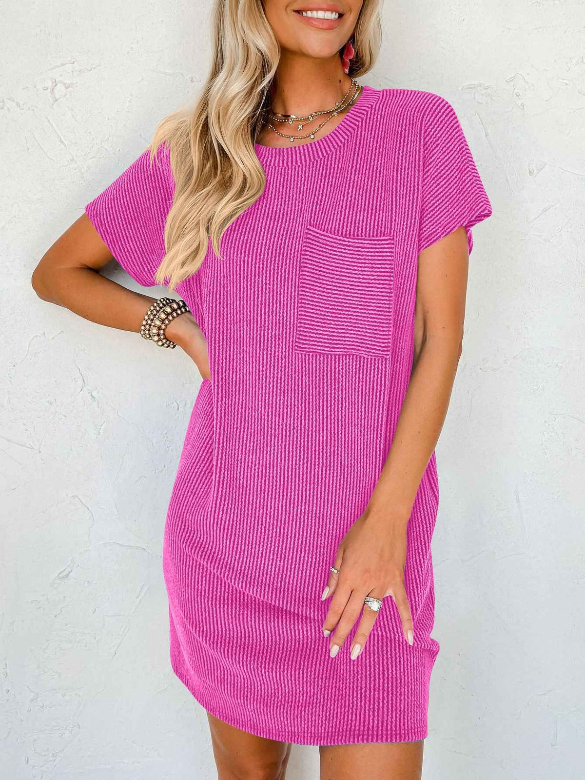 Striped Pocket Dress Women Short Sleeve Casual Blouse