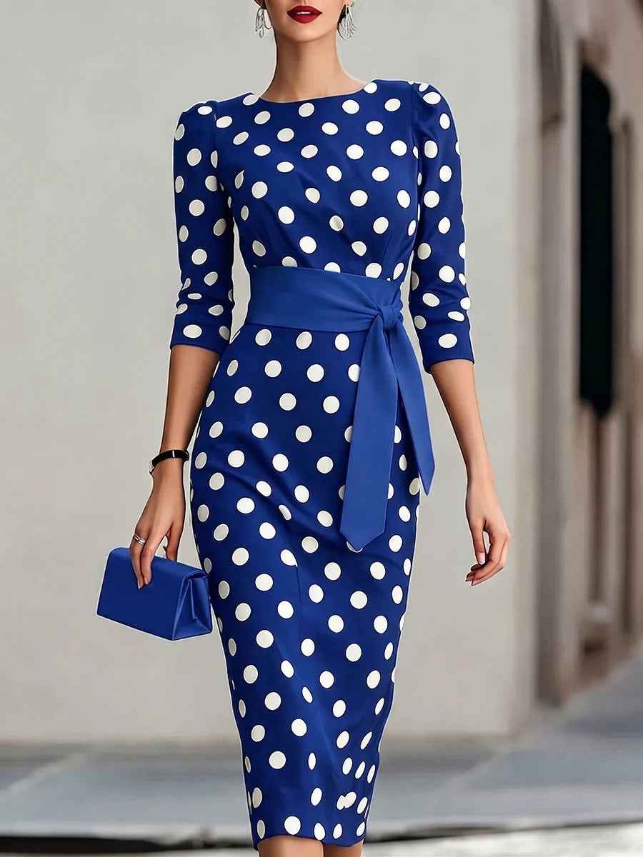 Elegant Polka Dot Midi Dress with Waist Belt - Formal & Office Wear