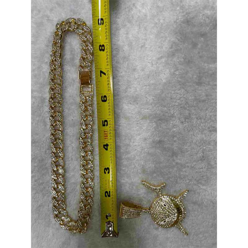 3D Diamond Football & Shark Pendant Necklace - Gold Zinc Alloy Cubic Zirconia
