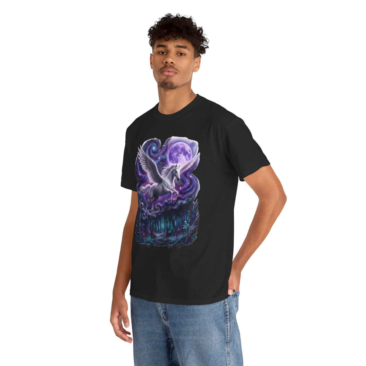Celestial Pegasus Galaxy Moon Cotton T-Shirt - Cosmic Fantasy Graphic Tee