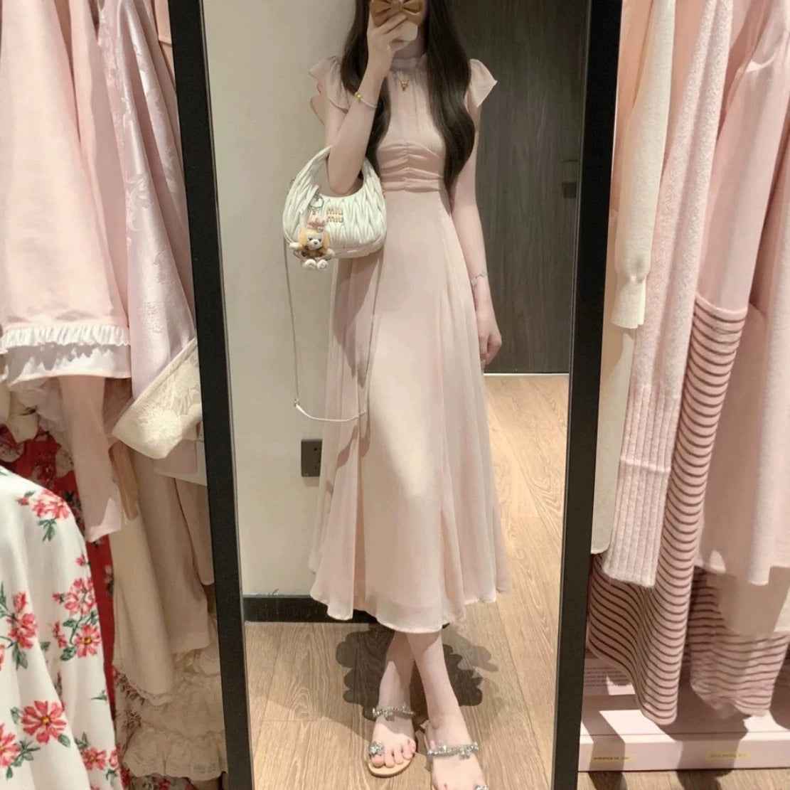 Floral Pink Chiffon A-Line Midi Dress with Cinched Waist