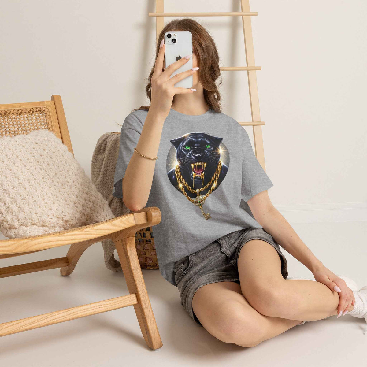 Luxury Black Panther Graphic Tee with Gold Chains & Key