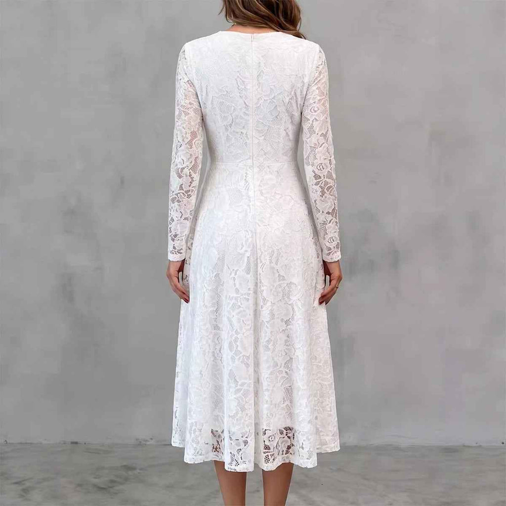 Womens Solid-Color Elegant Long-Sleeve Lace Waist-Cinching Dress