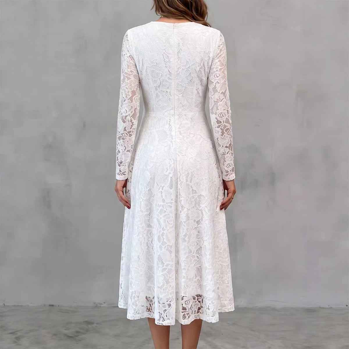 Womens Solid-Color Elegant Long-Sleeve Lace Waist-Cinching Dress