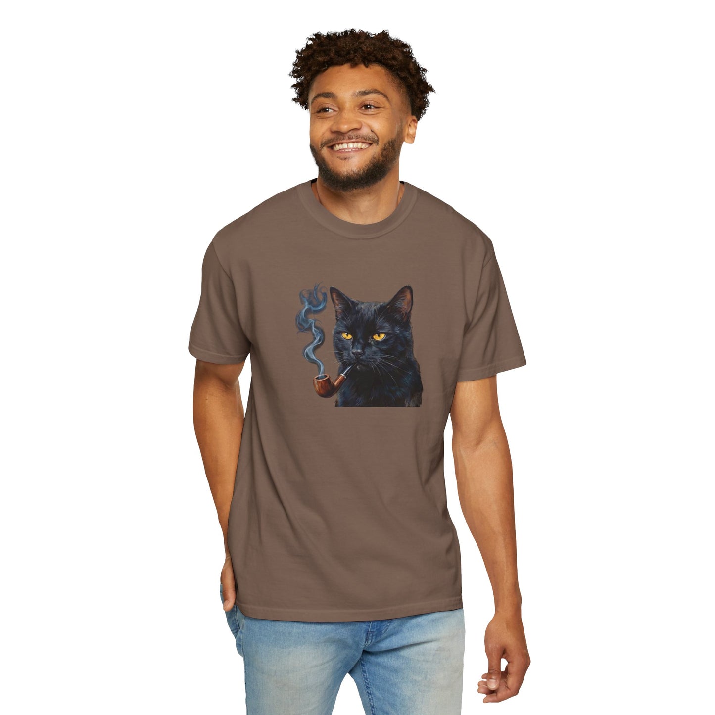 Smoking Cat Graphic T-Shirt — Retro Black Cat with Pipe Tee