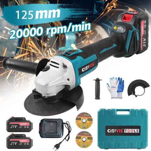 Cordless Angle Grinder 125mm 21V - Electric Rotary Tool w/2 Batteries
