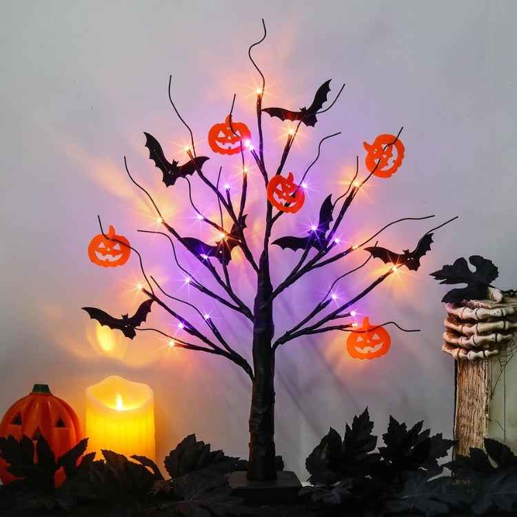 22" LED Black Tree: Orange & Purple Lights, Bats, Pumpkins, Battery Powered
