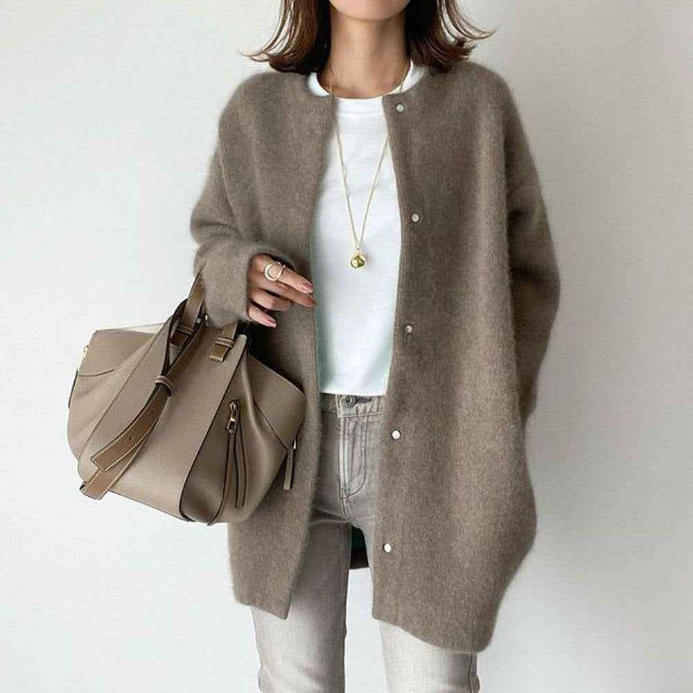 Stylish Loose Round Neck Cardigan - Solid Color Women's Coat for Autumn & Winter