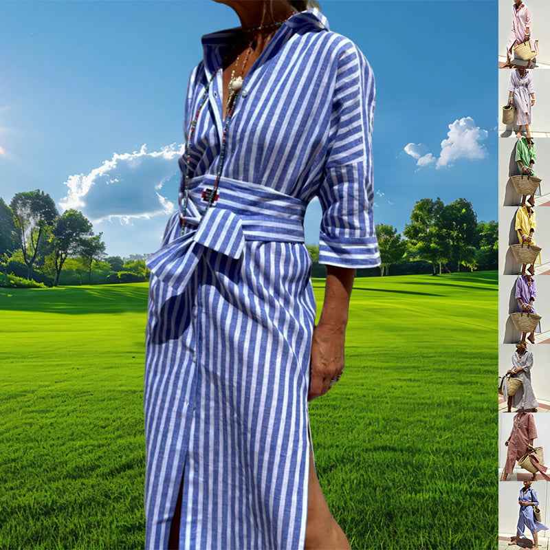Orange Striped Shirt Dress with Waist Belt & Lapel Collar