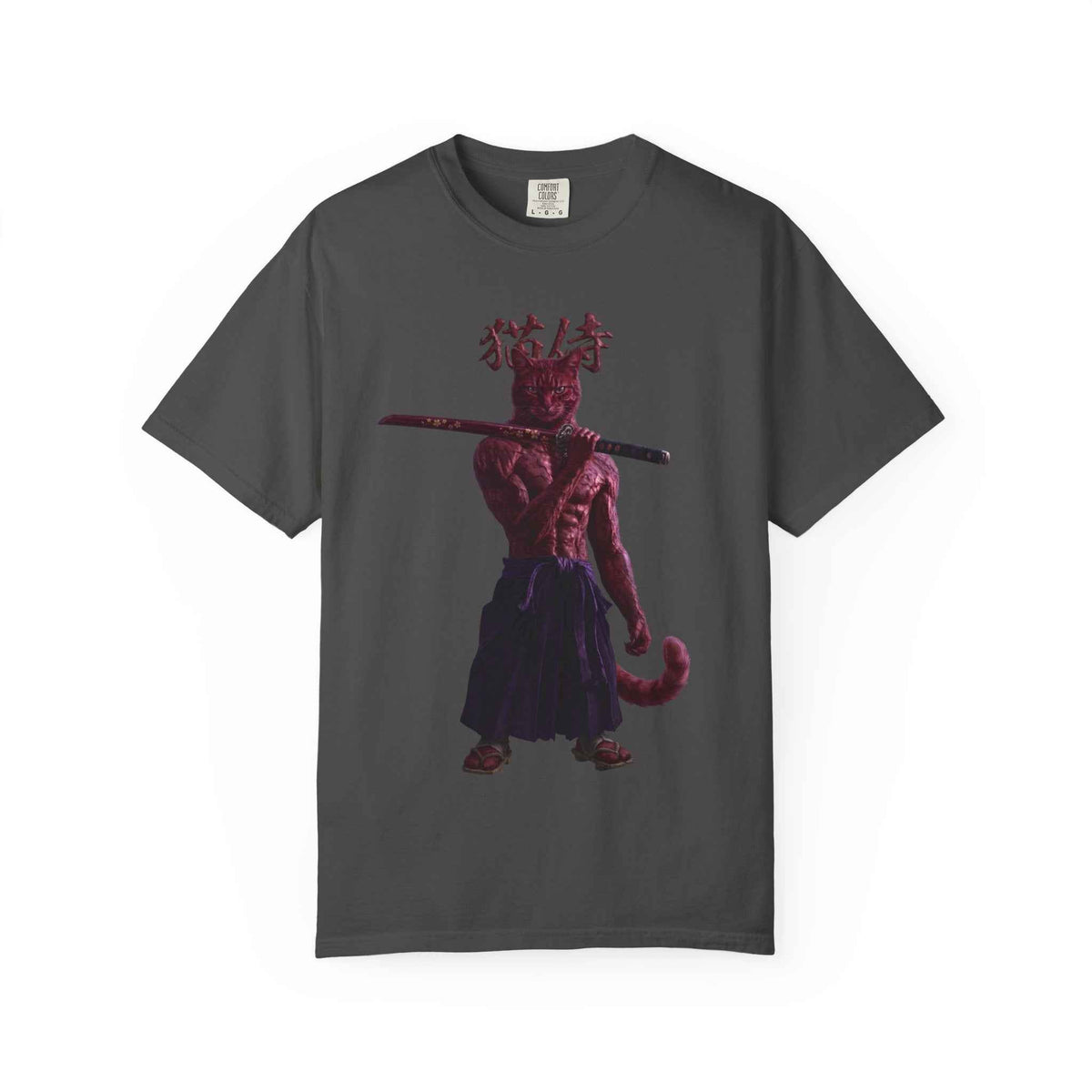 Heavyweight Vintage Red Samurai Cat Tee - Boxy Graphic Tee for Dark Aesthetic Fans