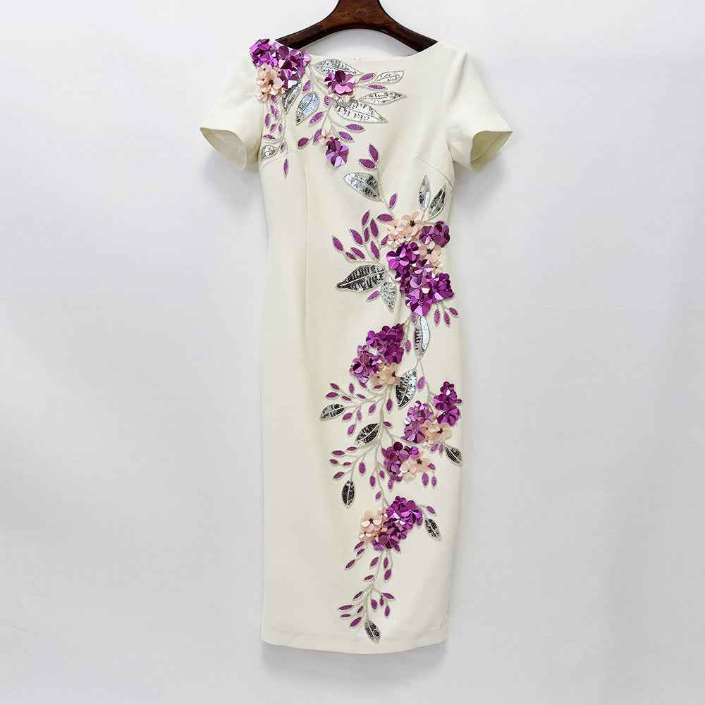 Floral Beaded Midi Dress - Slim Fit A-line Skirt