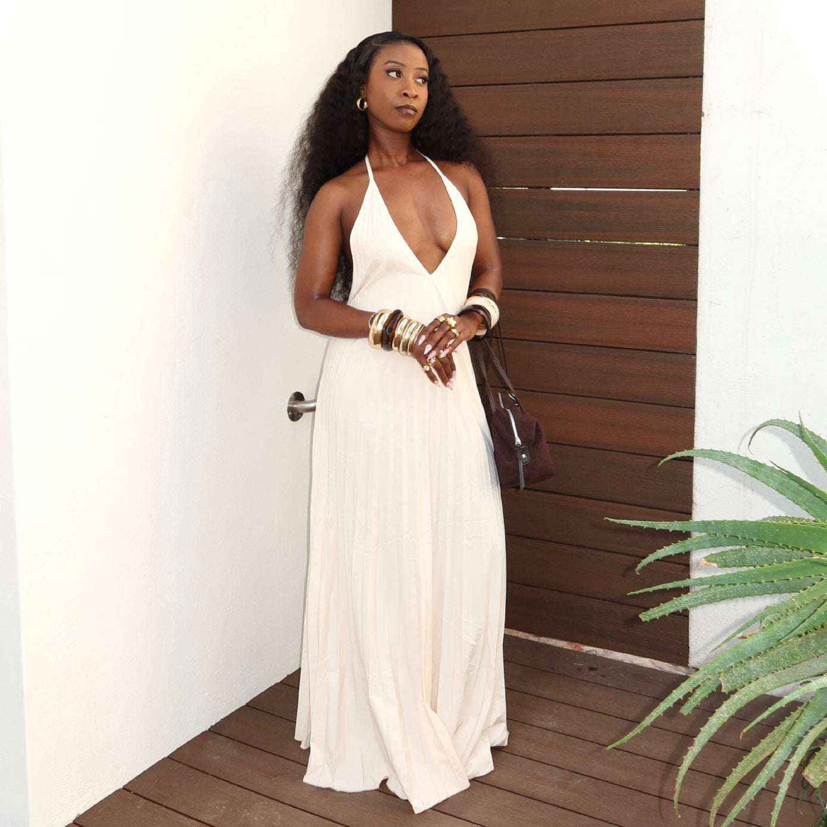 Elegant V-Neck Halter Maxi Slip Dress Ivory White