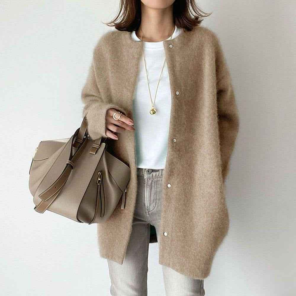 Stylish Loose Round Neck Cardigan - Solid Color Women's Coat for Autumn & Winter