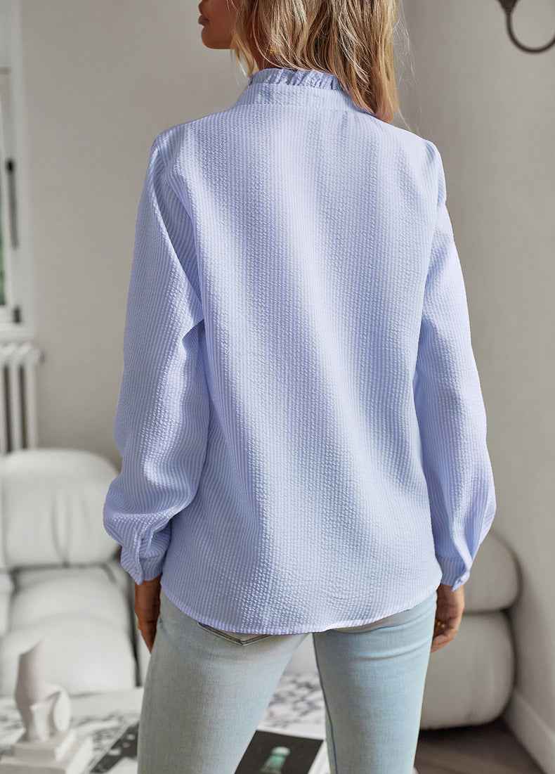 Striped Long Sleeve Button-Up Blouse with Ruffle Detail, Casual Office Shirt for Women
