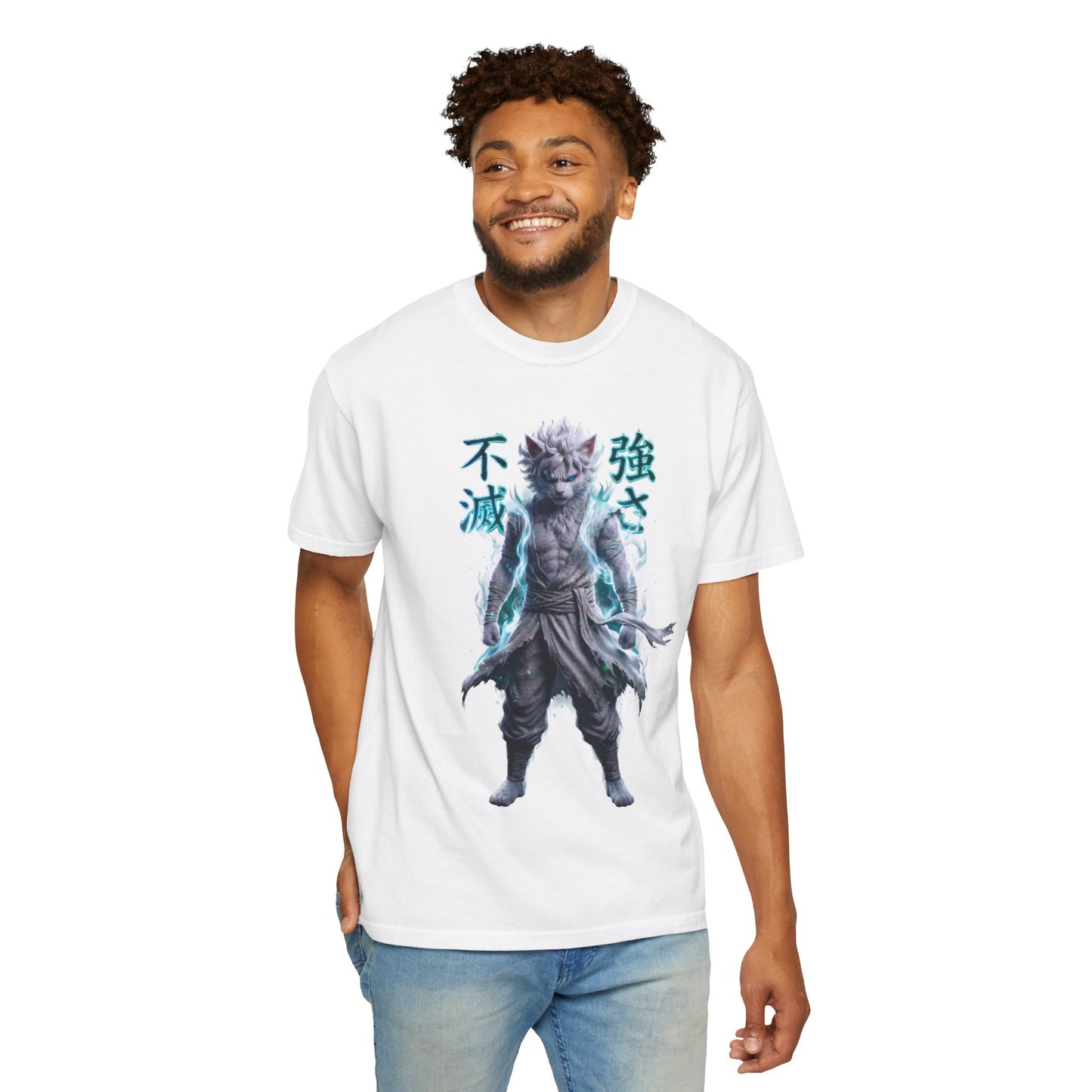 Y2K Cyberpunk Graphic Tee White Silver Cat Warrior Unisex Harajuku Style Streetwear Comfort Colors 1717 T-Shirt