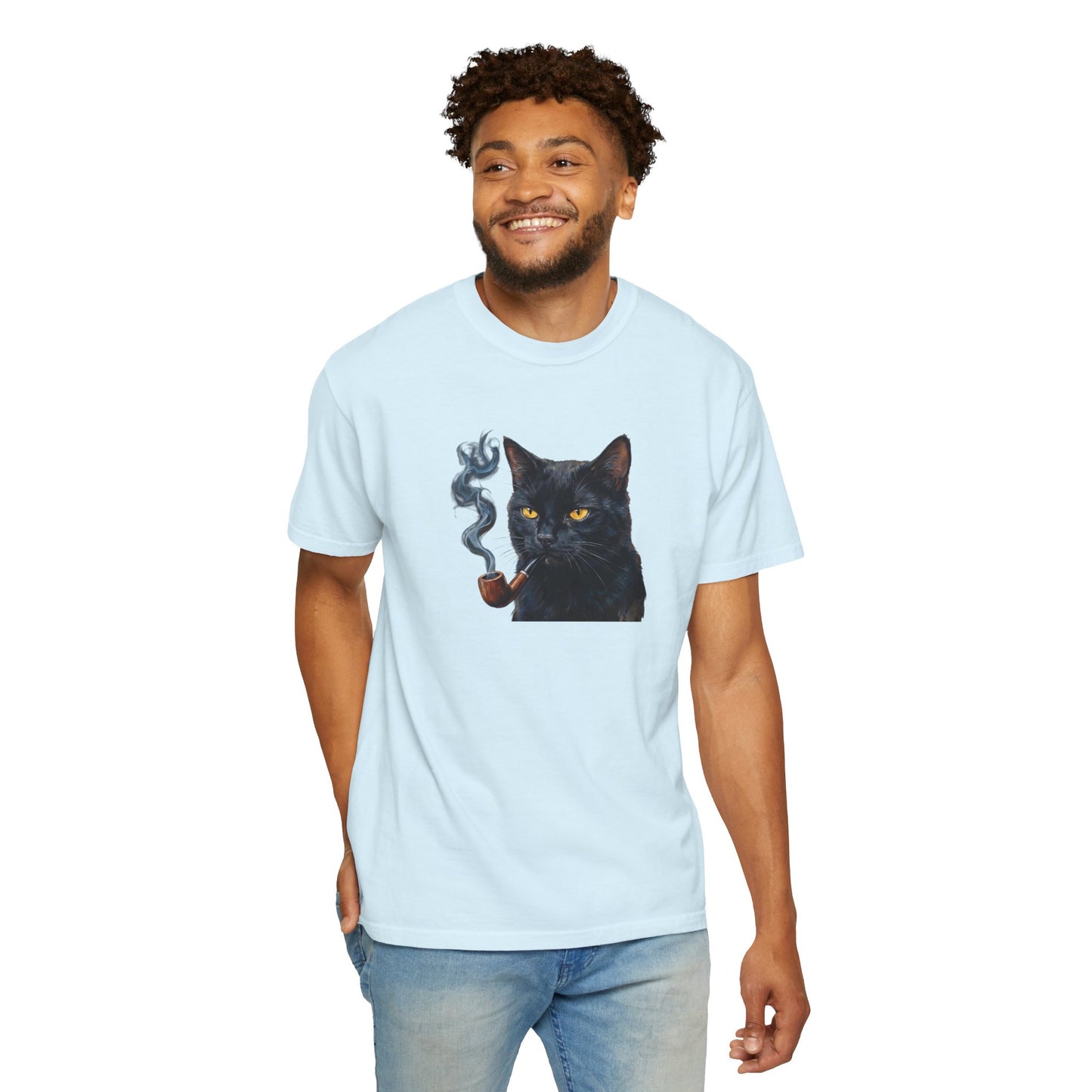 Smoking Cat Graphic T-Shirt — Retro Black Cat with Pipe Tee